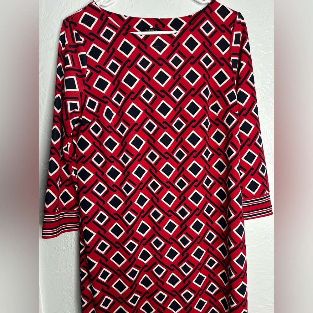 Talbots Red and Black Geometric Pattern Dress SZ Medium Business Woman, Elegant - Picture 3 of 5